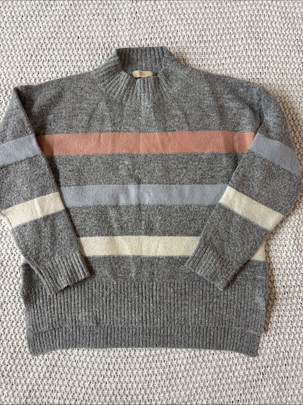 Women’s Mock Neck Gray Striped Knit Sweater with Pink, Cream, Blue Accents